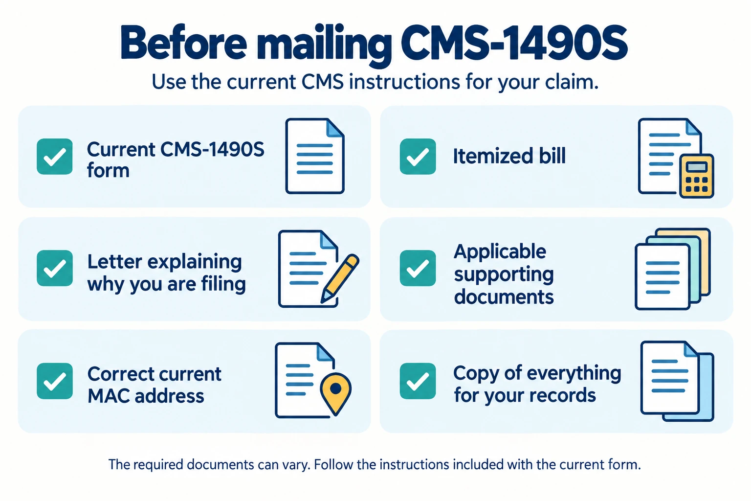 Checklist of the main documents and checks for mailing a beneficiary Medicare claim.