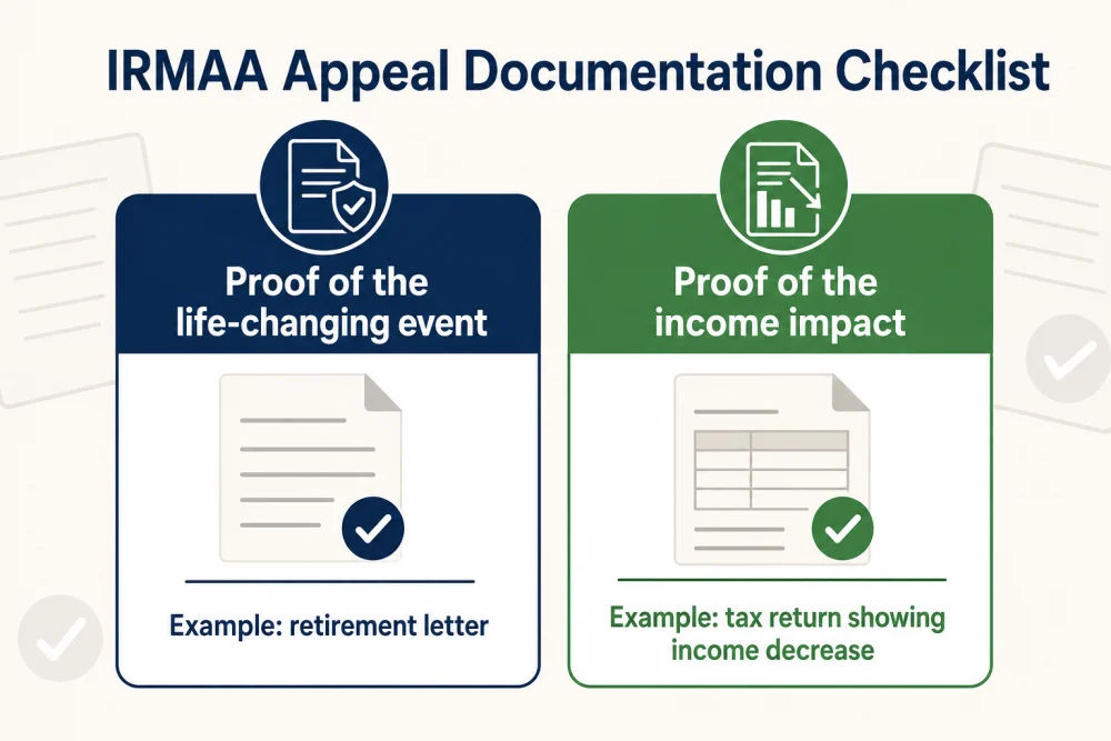 Checklist graphic showing the documents needed to appeal an IRMAA determination