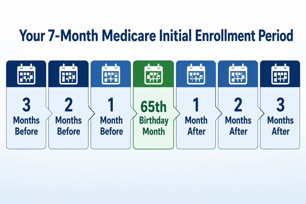 Timeline graphic showing the 7-month Medicare Initial Enrollment Period around a 65th birthday month
