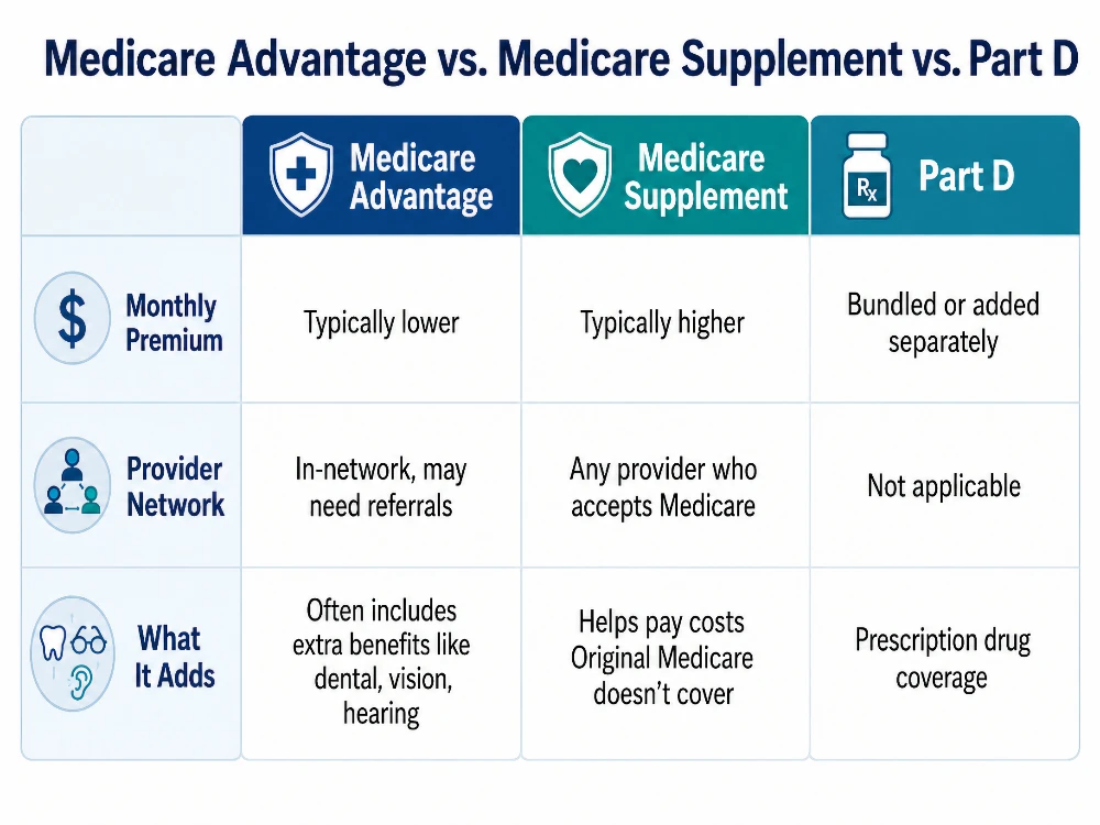Side-by-side comparison graphic showing Medicare Advantage, Medicare Supplement, and Part D differences in premium, network, and coverage