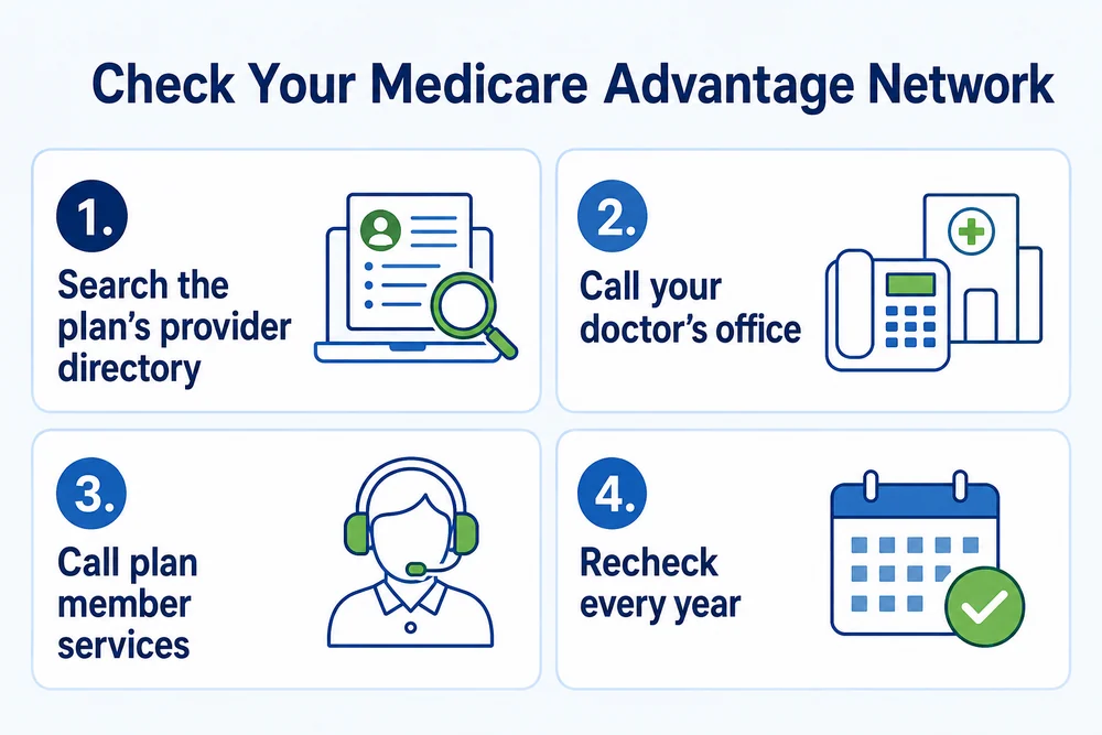 Checklist graphic showing four steps to verify if a doctor is in-network with a Medicare Advantage plan